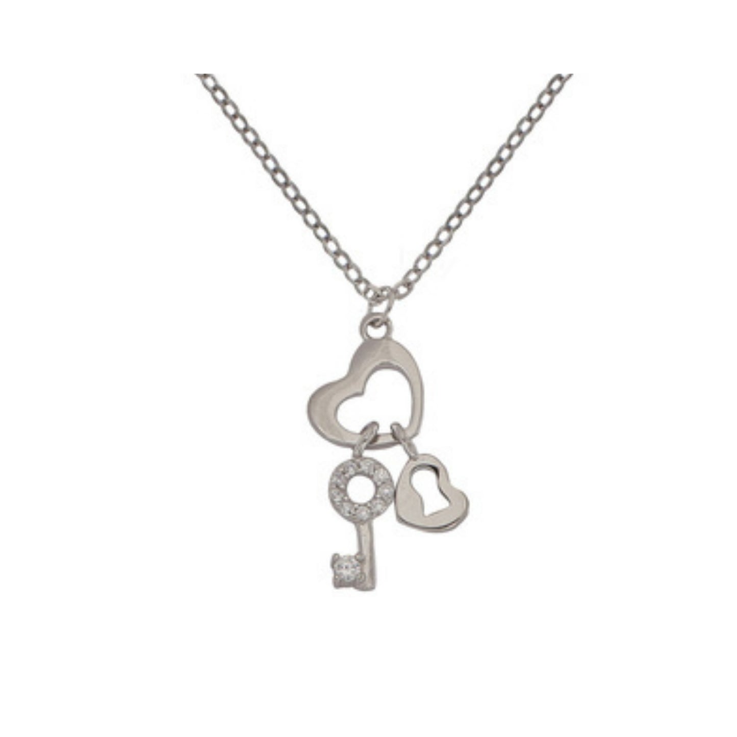 Choker with Heart and Key Pendant in silver with white zircons