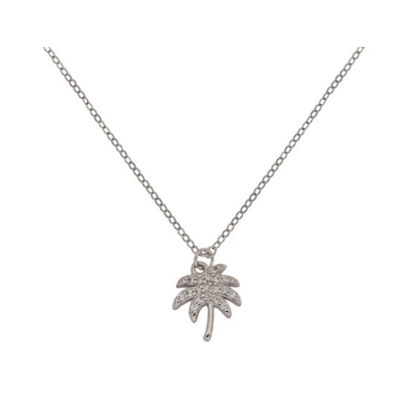 Necklace with palm tree pendant in silver with white zircons