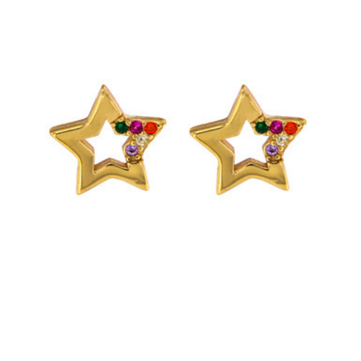 Pendientes de presión estrellas en plata y plata bañada en oro, con adornados con pequeñas circonitas colores