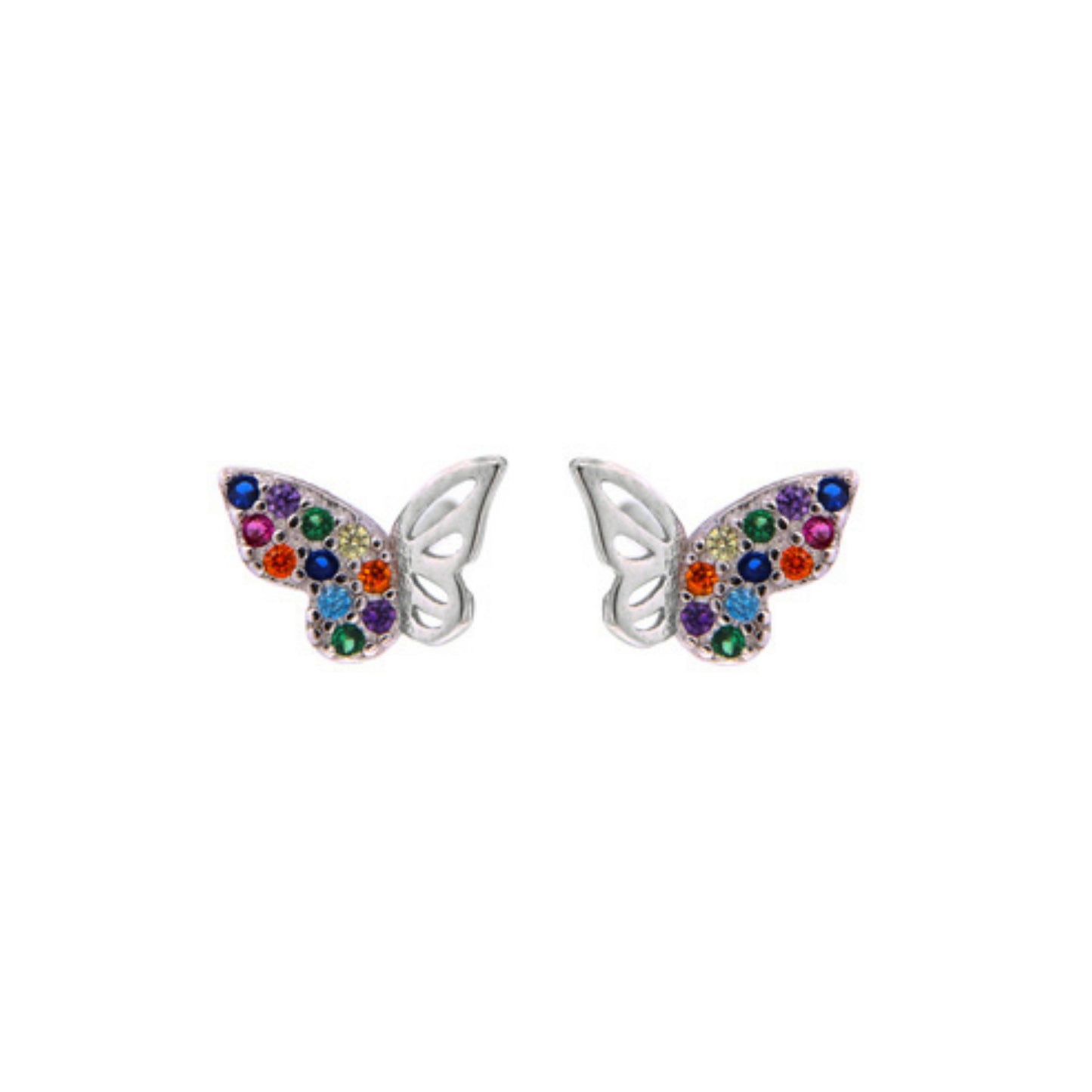Pendientes de Presión Mariposa en plata y plata bañada en oro, adornados con pequeñas circonitas de colores