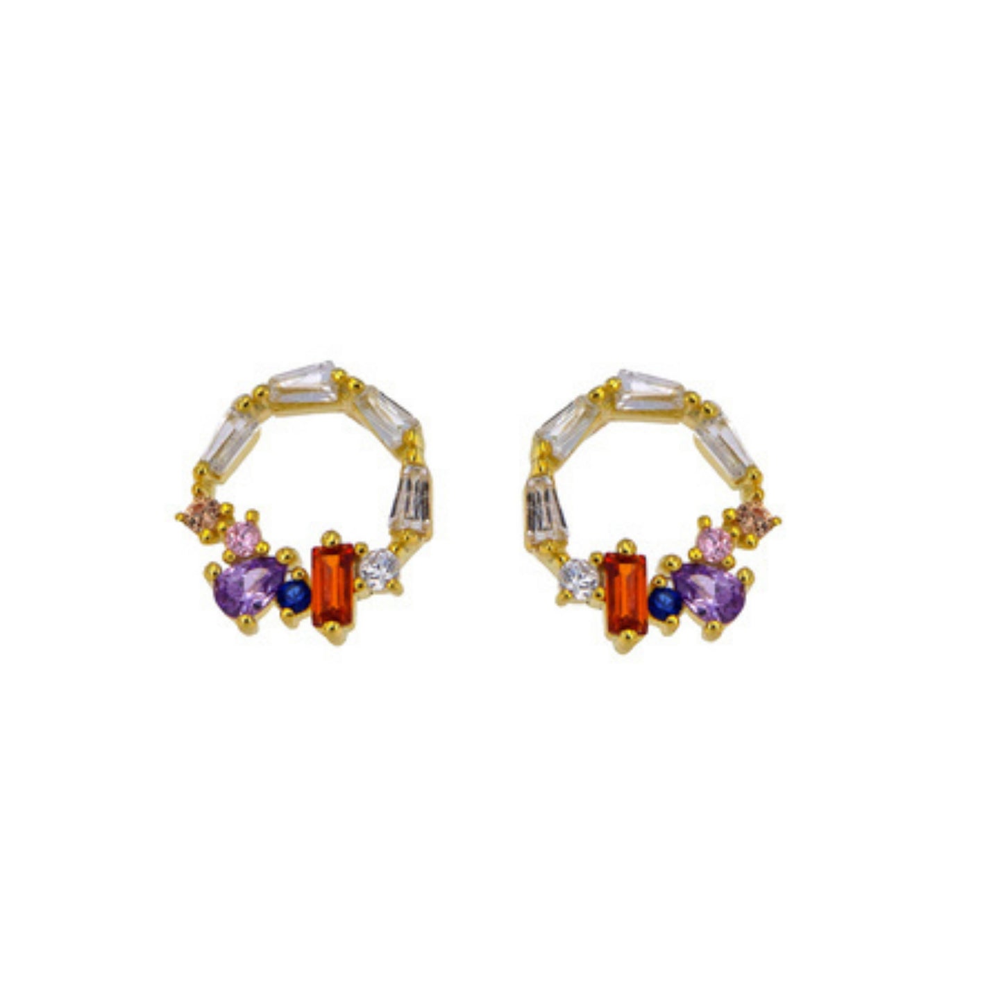 Pendientes de Presión en plata y pata bañada en oro, adornados con pequeñas circonitas lilas, rojas y azules