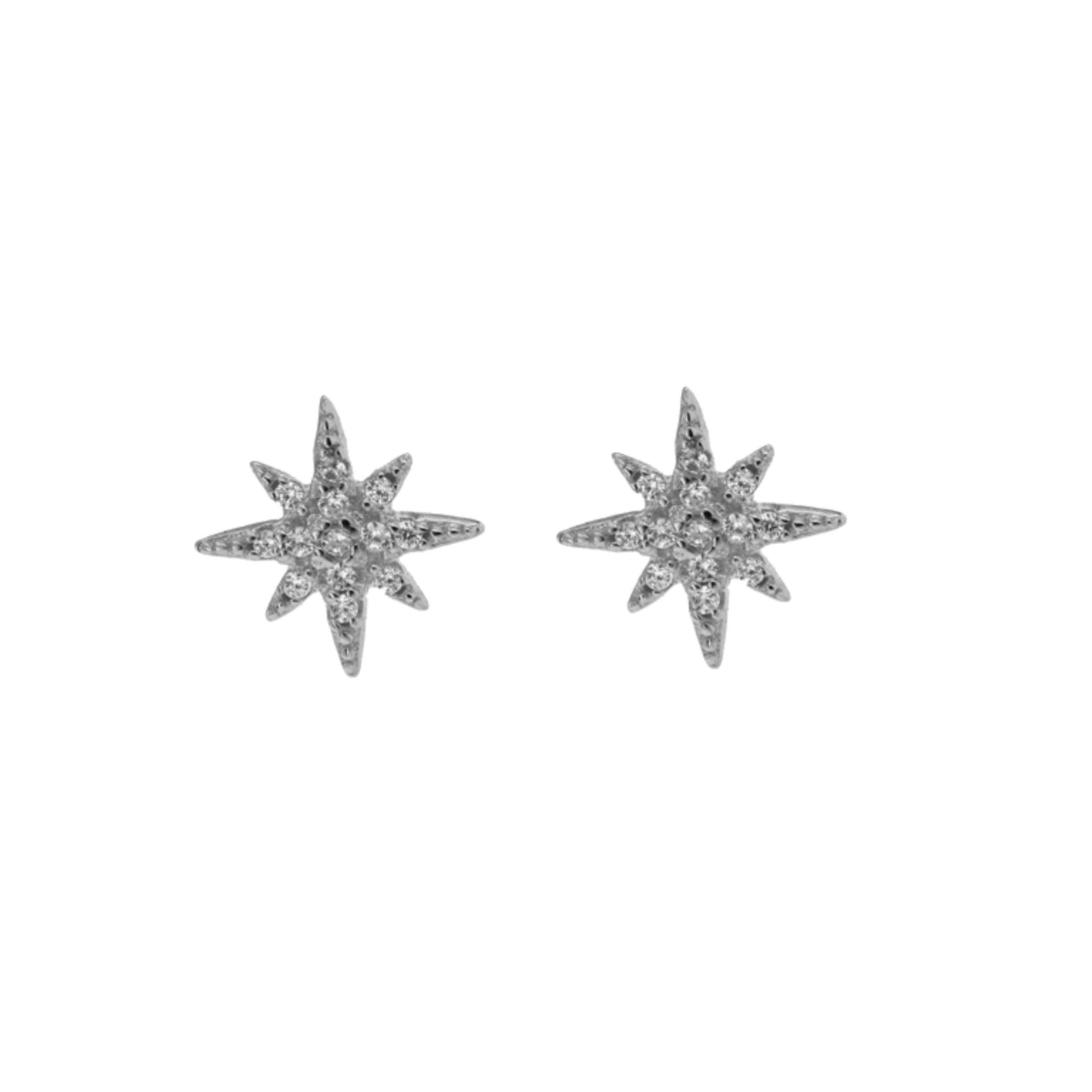 Pendientes de presión estrella en plata, adornados con pequeñas circonitas blancas