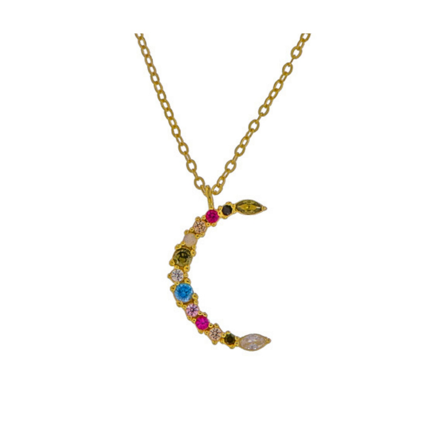 Gargantilla con Colgante Luna en plata y plata bañada en oro con circonitas de colores