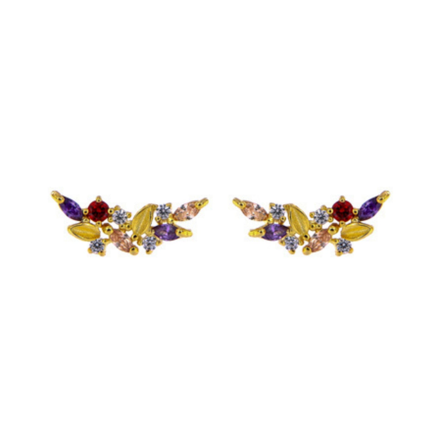 Pendientes de Presión en plata y plata bañada en oro, adornados con circonitas pequeñas lilas, rojas y naranjas