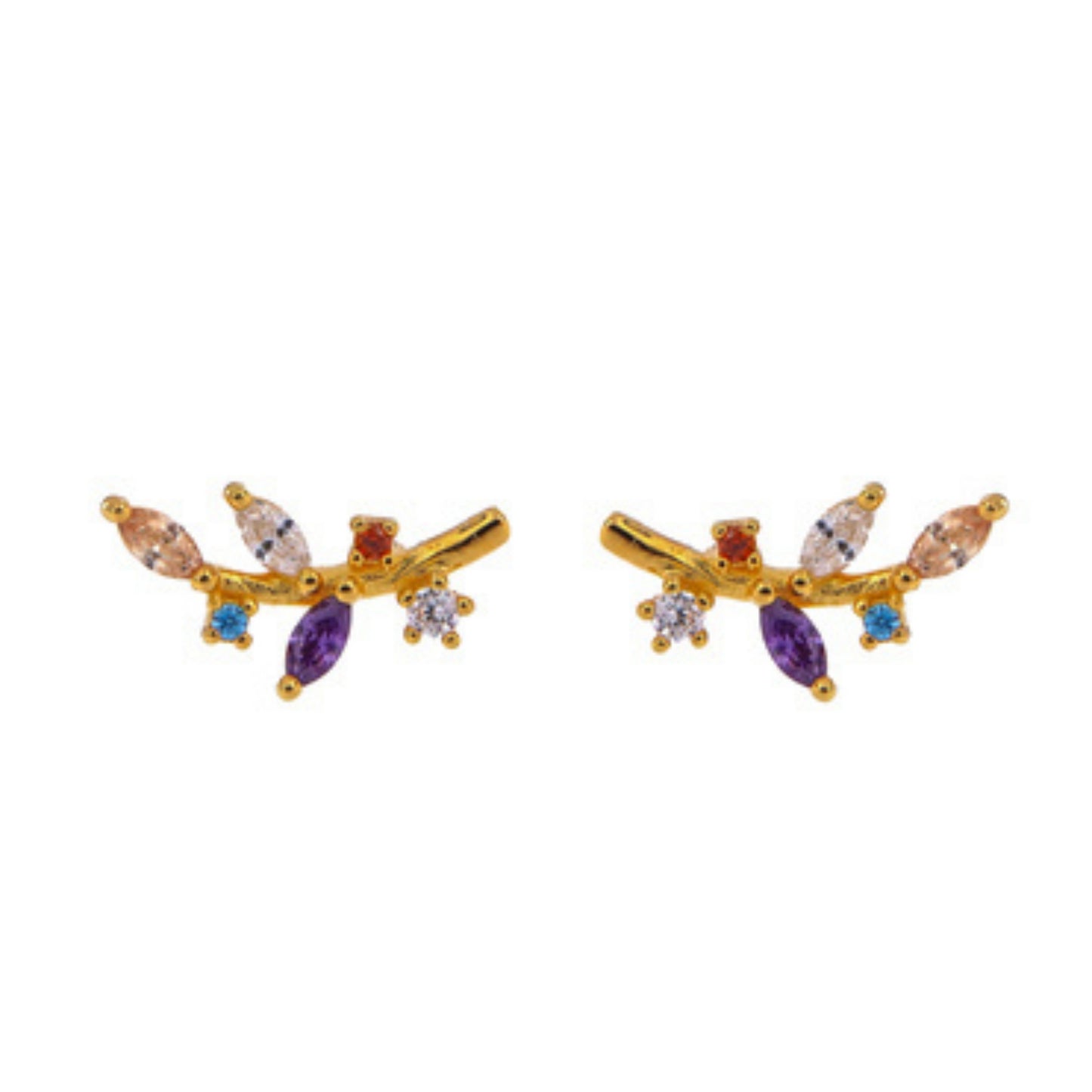 Pendientes de presión de forma hoja en plata y plata bañada en oro, adornados con circonitas blancas y de colores