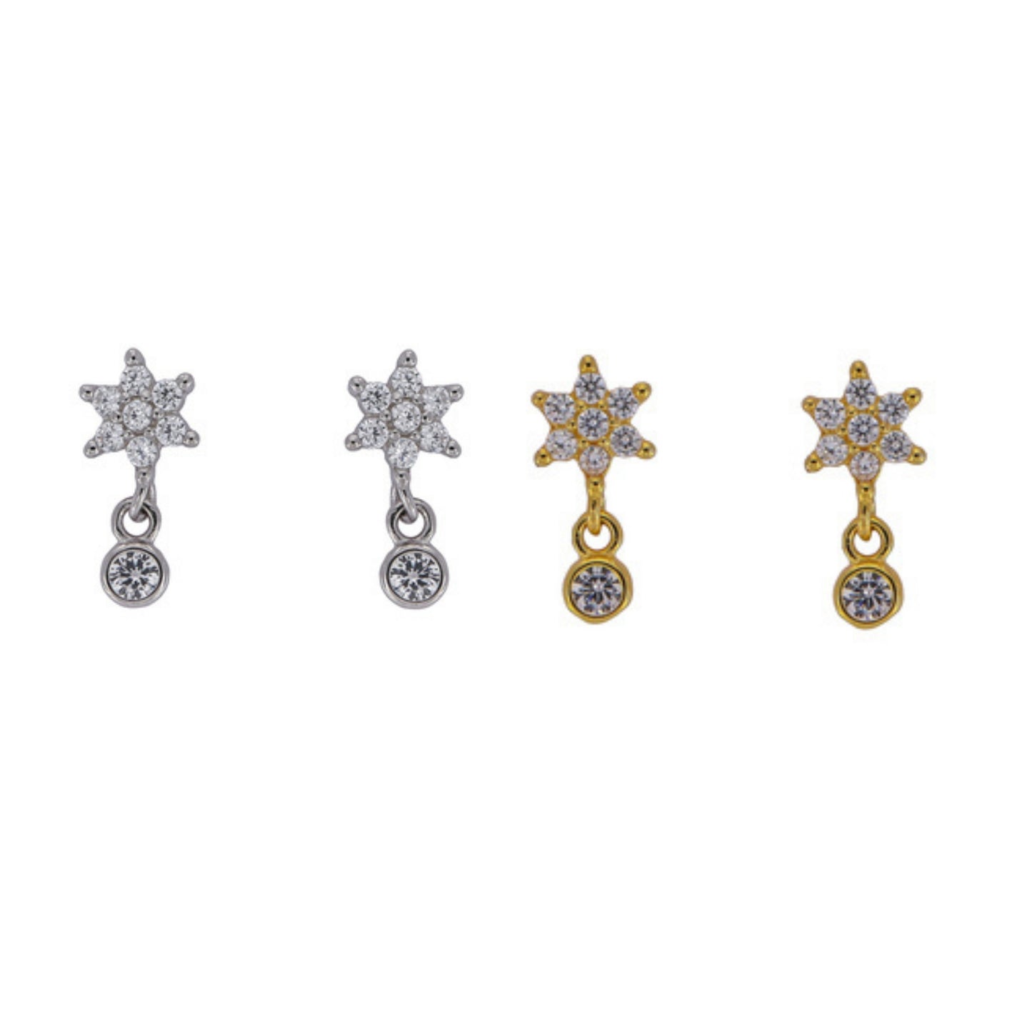 Pendientes de presión estrella en plata y plata bañada en oro, adornados con circonitas blancas