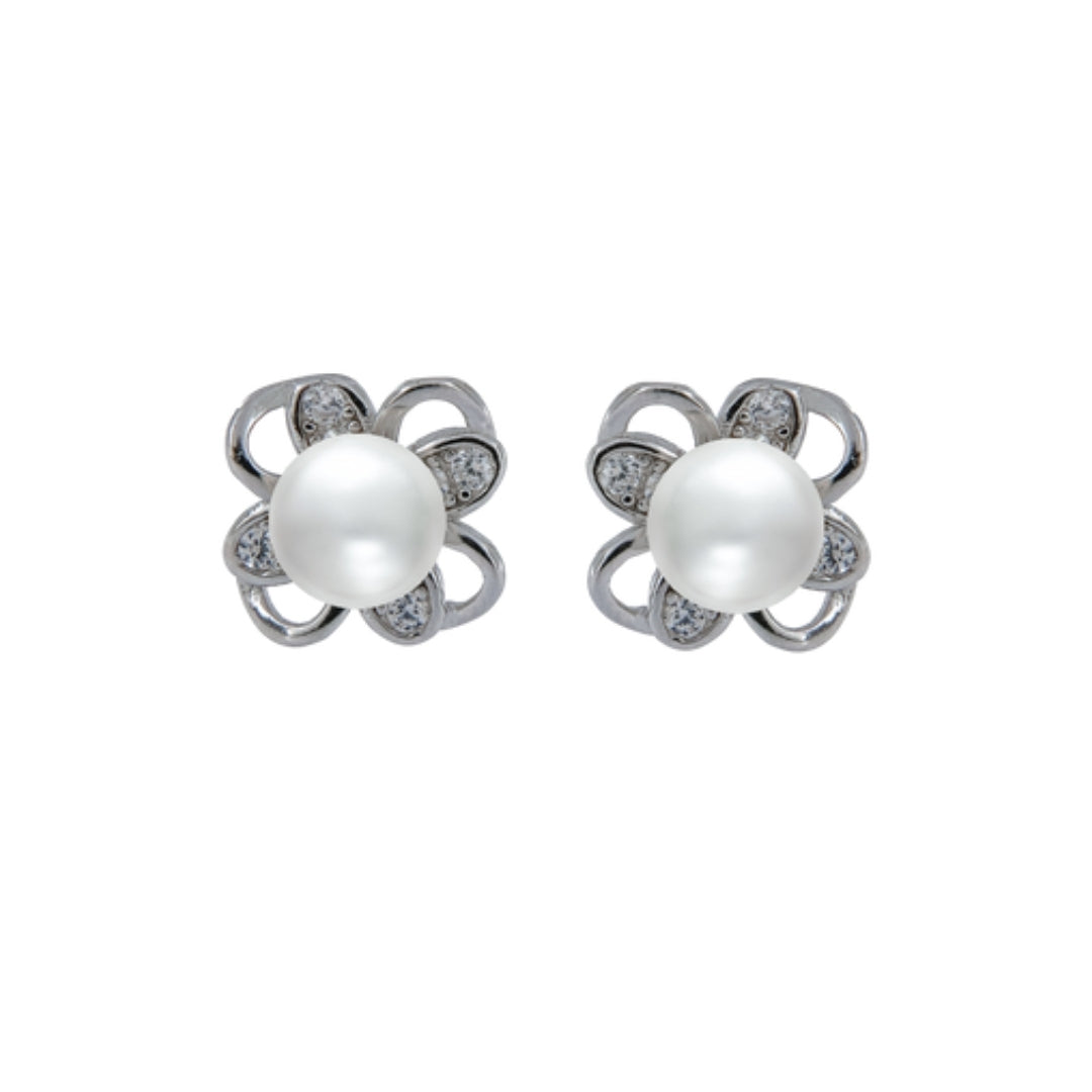 Pearl earrings in the shape of flowers, decorated with white zircons