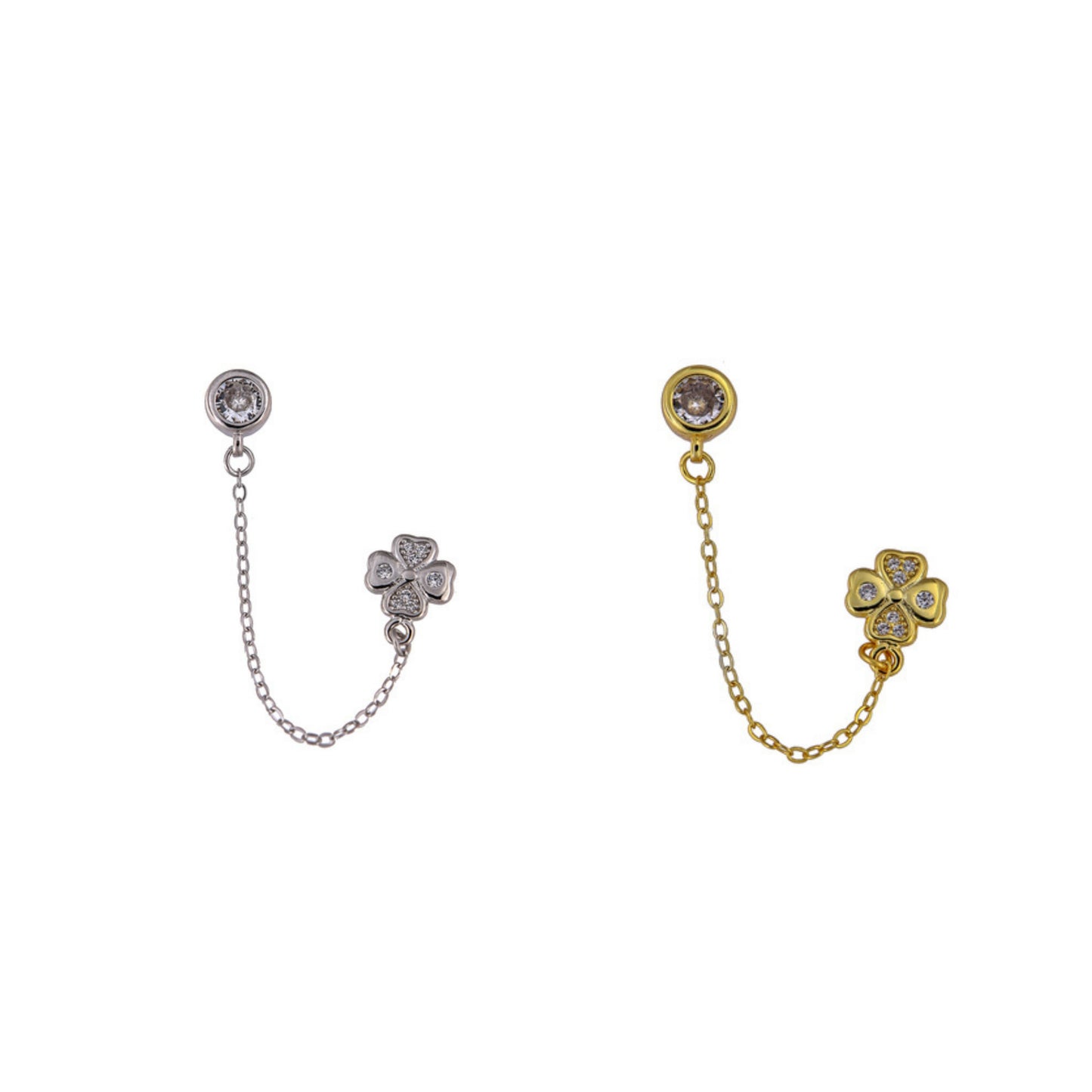Pendientes con cadena trébol en plata y plata bañada en oro, adornados con circonitas blancas