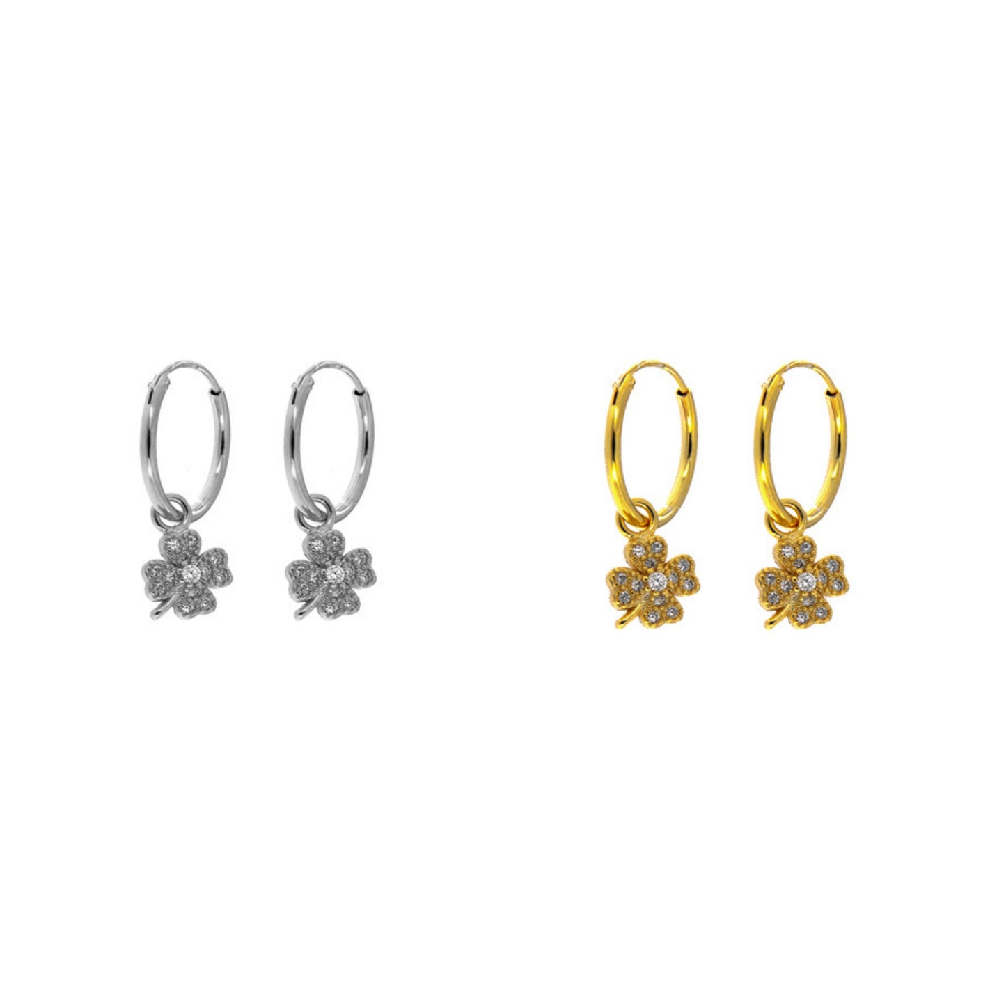 Pendientes Aros trébol en plata y plata bañada en oro, adornados con pequeñas circonitas blancas