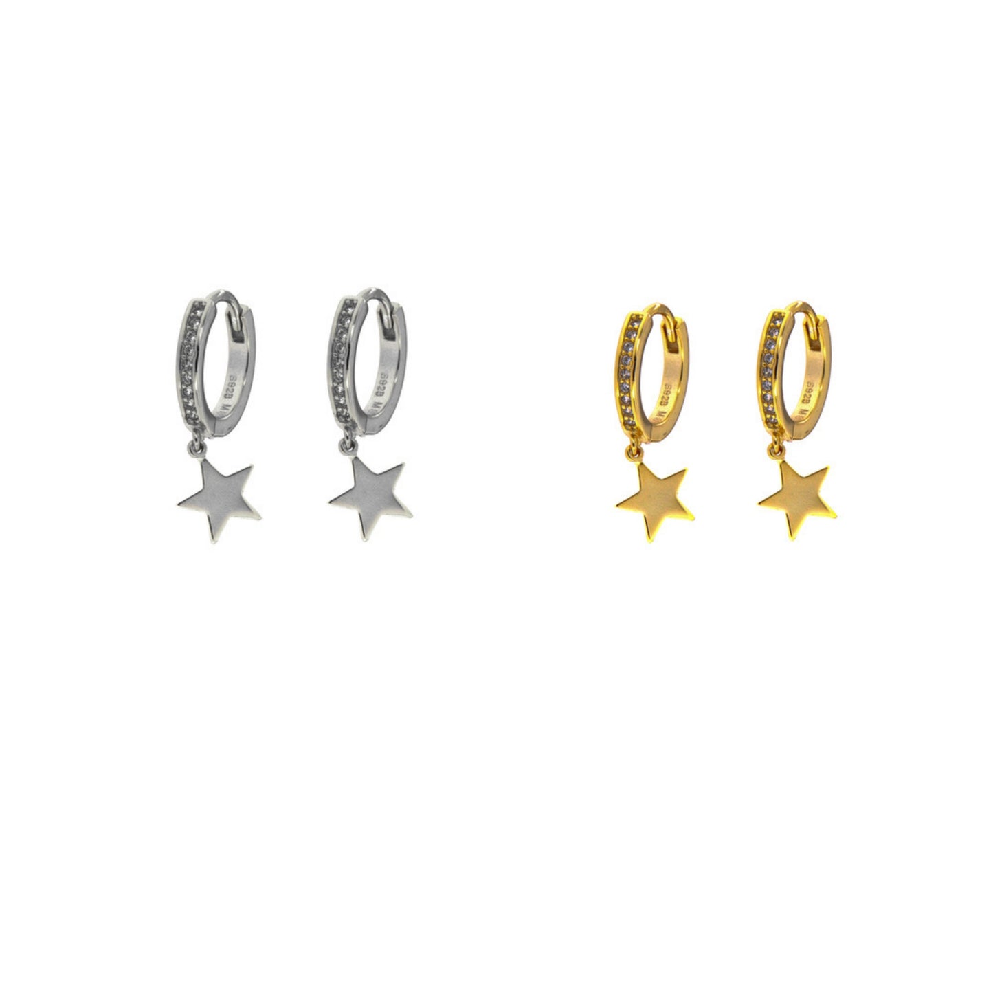 Pendientes Aros estrella en plata y plata bañada en oro, adornados con pequeñas circonitas blancas