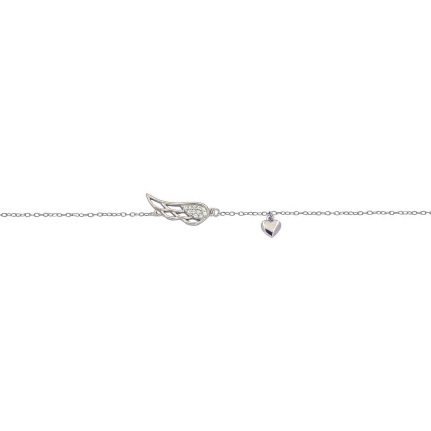 Wing and Heart Bracelet in Silver with White Zirconia