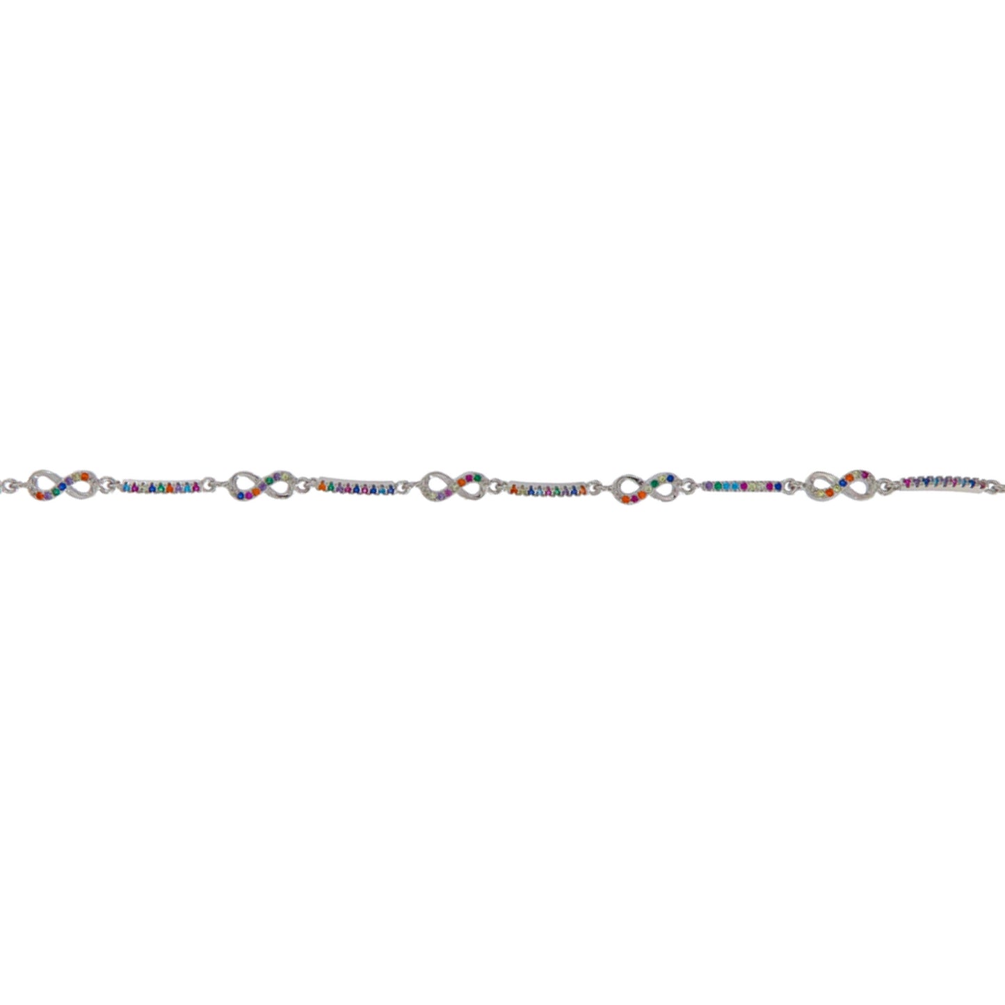 Infinity bracelet in silver with colored zircons