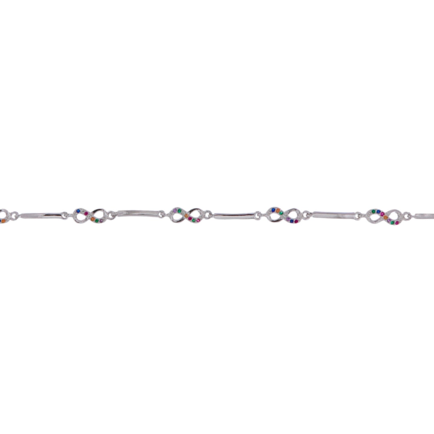 Infinity bracelet in silver with colored zircons