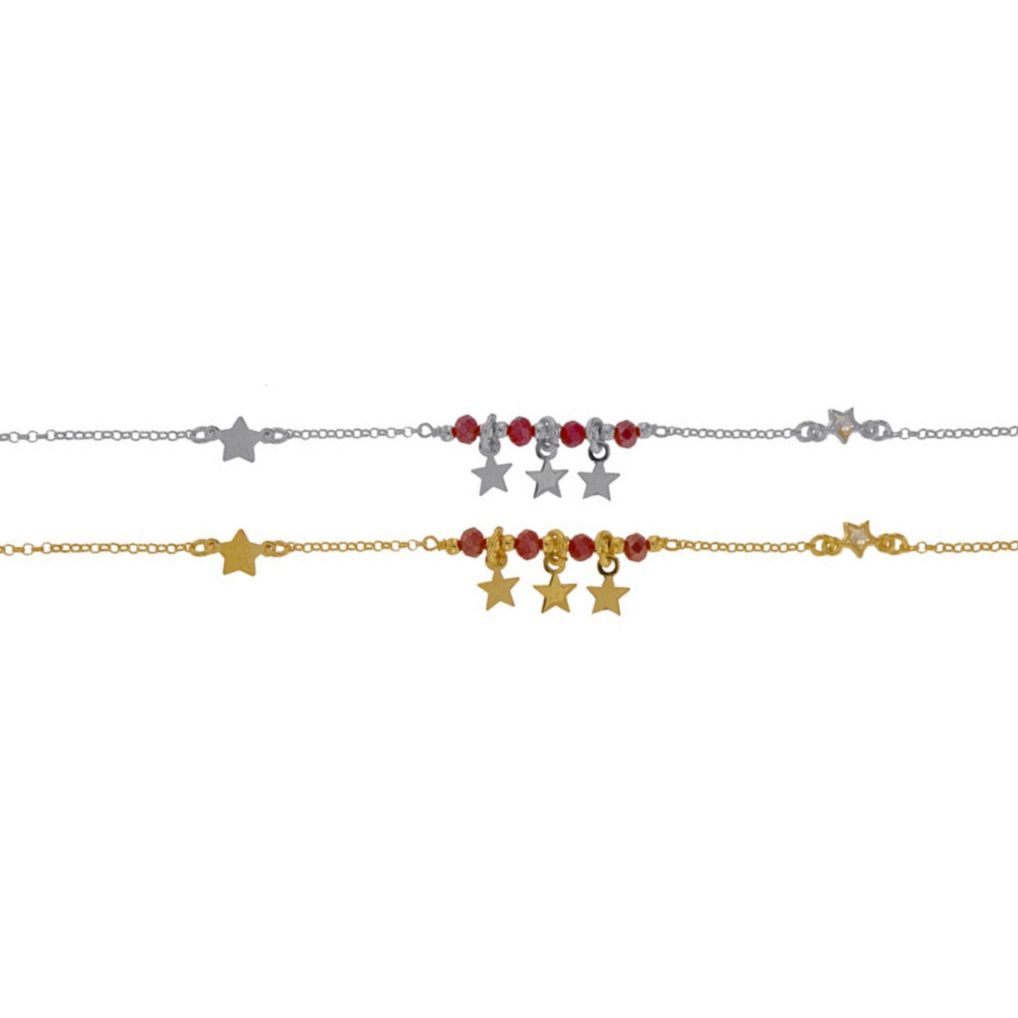Pulsera con Estrellas en plata y plata chapada en oro con circonitas blancas y rojas
