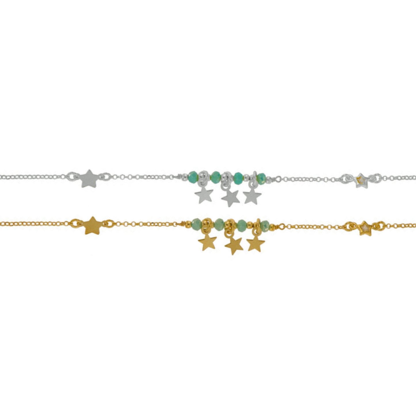 Pulsera con Estrellas en plata y plata chapada en oro con circonitas blancas y verdes