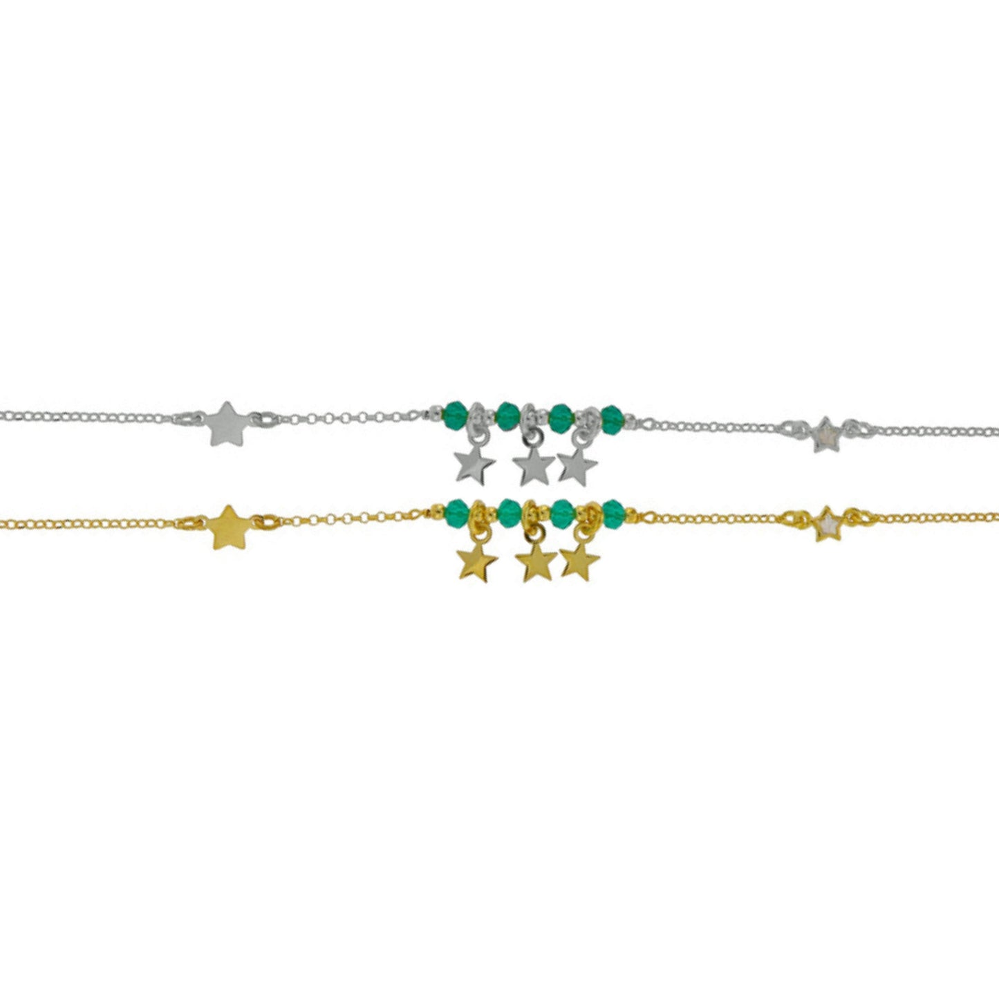 Pulsera con Estrellas en plata y plata chapada en oro con circonitas blancas y verdes