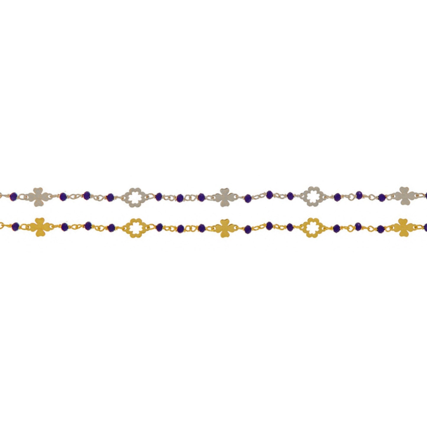 Pulsera con Tréboles en plata y playa chapada en oro con circonitas azules