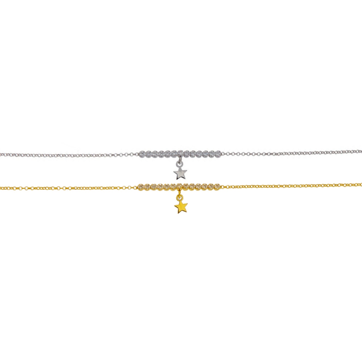 Pulsera con Estrellas en plata y playa chapada en oro con circonitas blancas