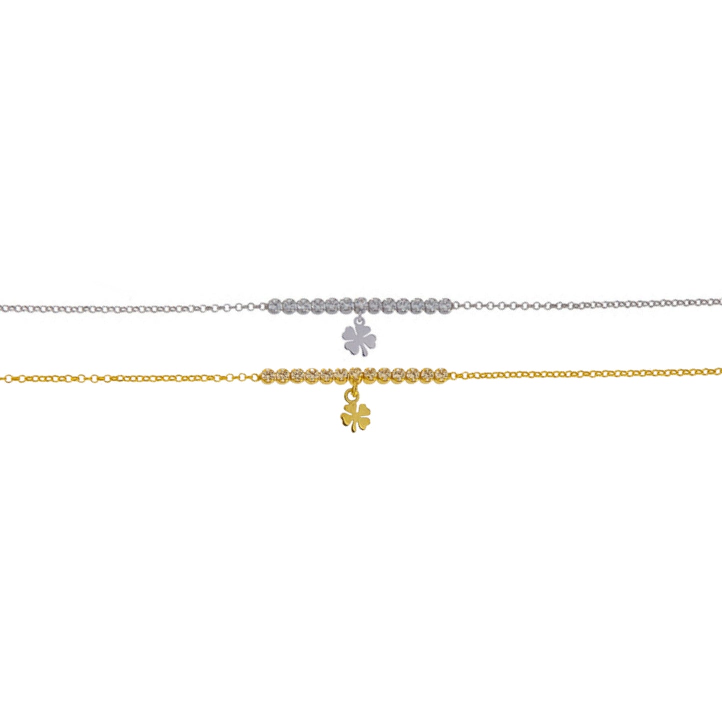 Pulsera con Tréboles en plata y playa chapada en oro con circonitas blancas