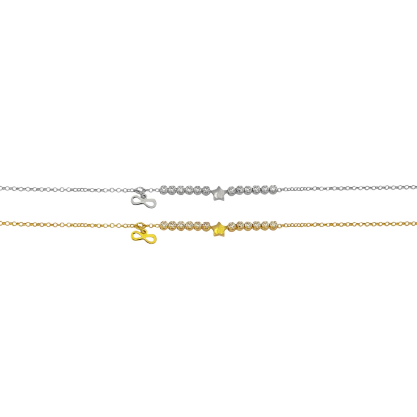 Pulsera con Infinito y Estrella en plata y playa chapada en oro con circonitas blancas