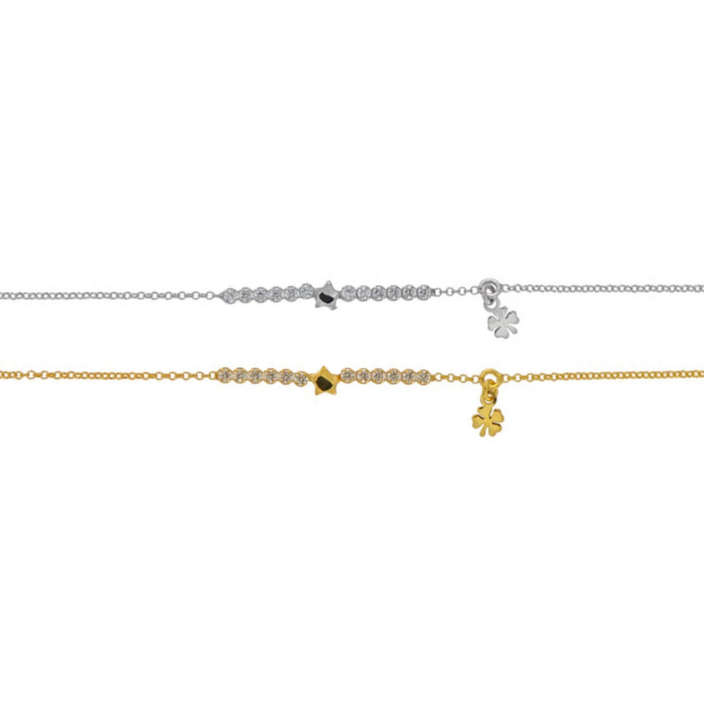 Pulsera con Estrella y Trébol en plata y playa chapada en oro con circonitas blancas