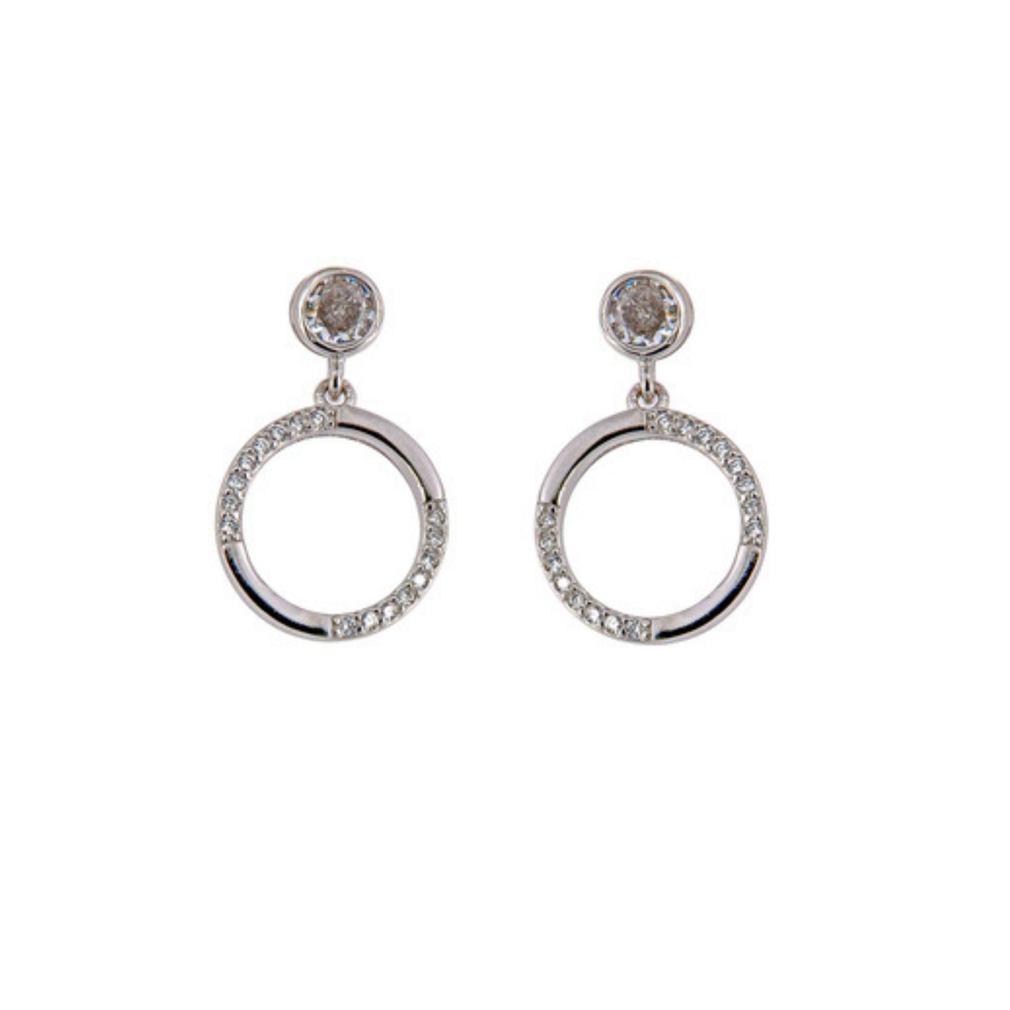 Silver circle pressure earrings, decorated with small white zircons