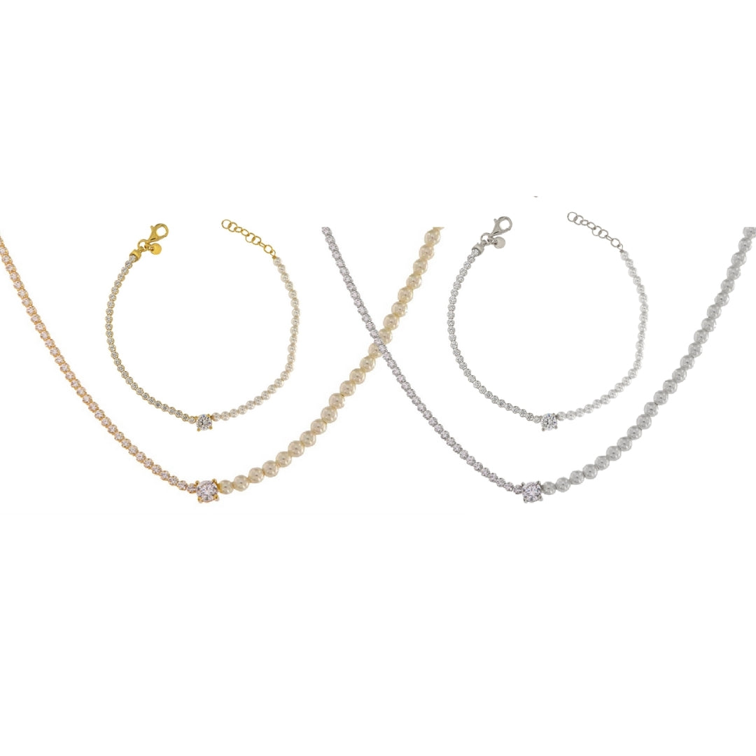 Colgante con Perlas en plata y plata bañada en oro, con circonita blanca