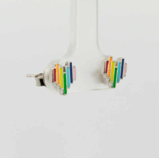 Pendientes Corazón multicolor, de presión. Plata de Ley 925 mls.