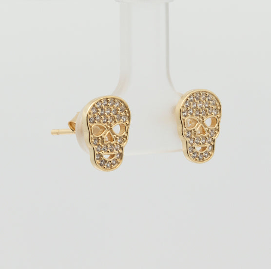 Pendientes Calavera con circonitas, de presión. Plata de Ley 925 mls.