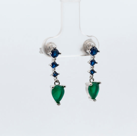 Pendientes Largos con circonitas verdes y azules, de presión. Plata de Ley 925 mls.