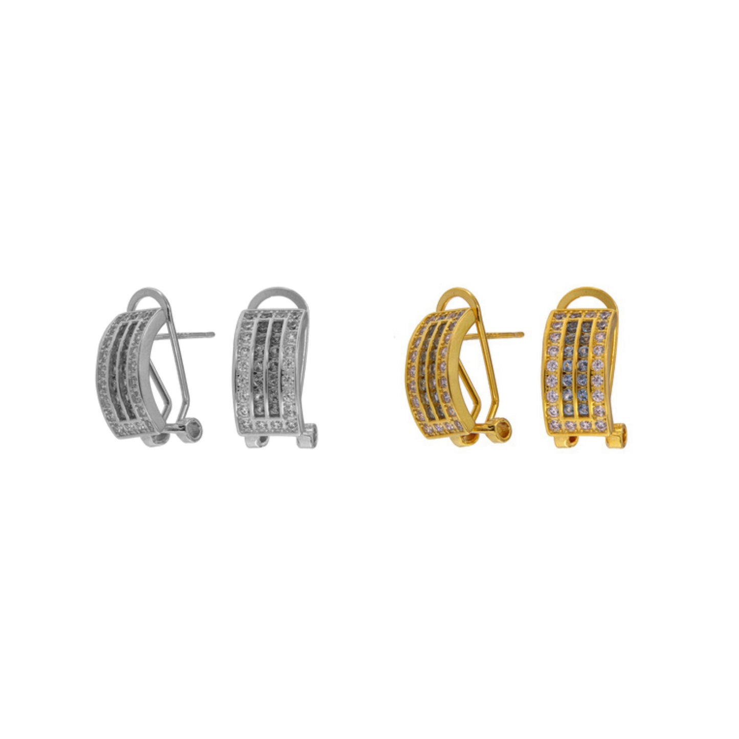 Pendientes Colección Omega en plata y plata bañada en oro, adornados con pequeñas circonitas blancas