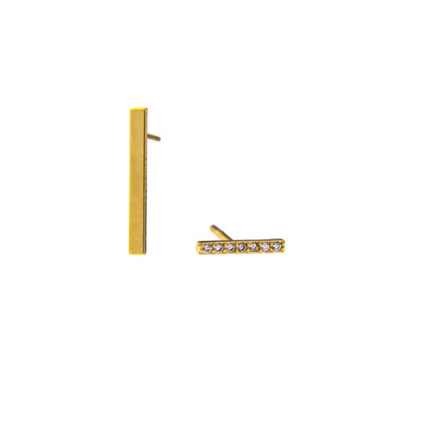Pendientes de Presión Palitos en plata y plata bañada de oro, adornados con pequeñas circonitas blancas
