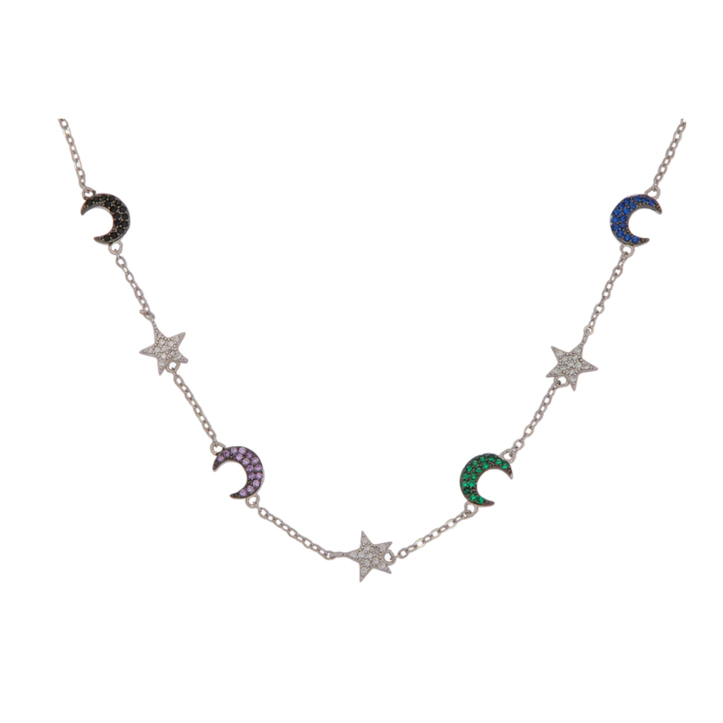 Moon and Stars choker in silver with green, blue and pink zircons