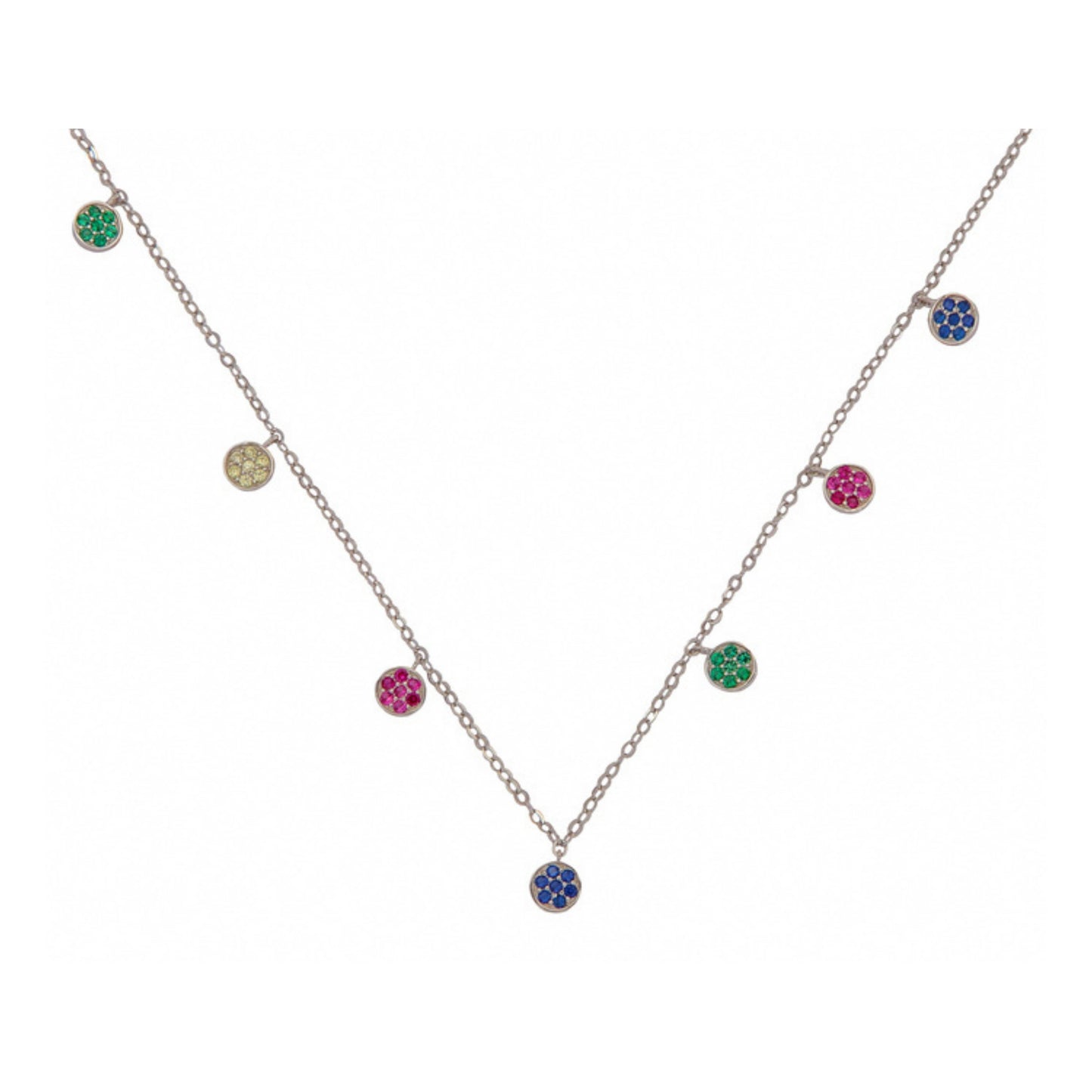 Silver circle choker with yellow, pink, green and blue zircons