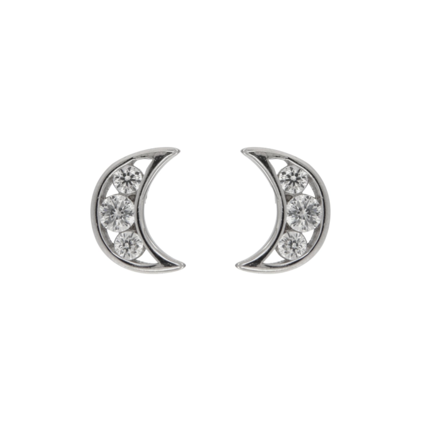 Moon with Flowers Pressure Earrings in silver, decorated with small white zircons