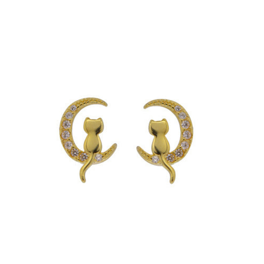 Cat with moon pressure earrings in silver and gold plated silver, adorned with small white zircons