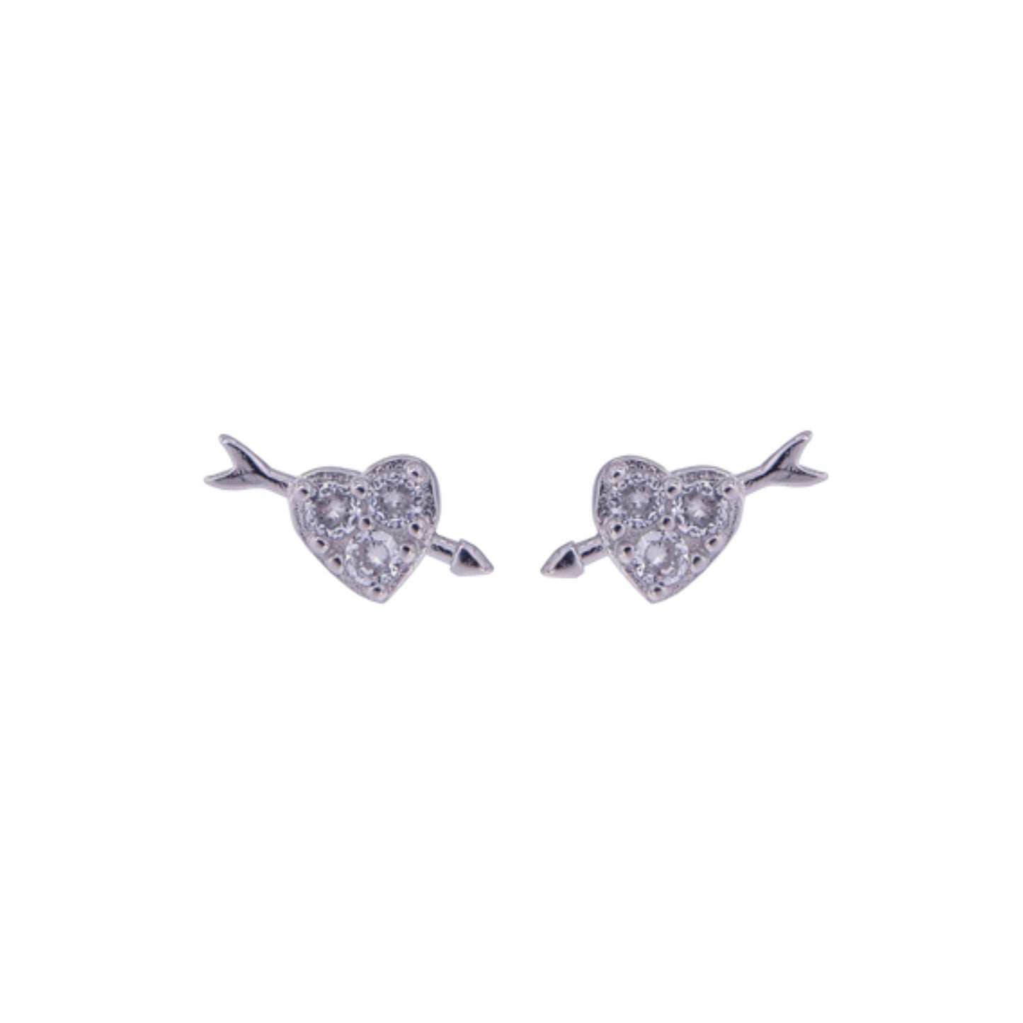 Heart with Arrow Stud Earrings in silver and gold plated silver, adorned with small white zircons