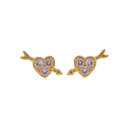 Heart with Arrow Stud Earrings in silver and gold plated silver, adorned with small white zircons