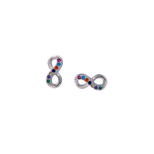 Infinity pressure earrings in silver and gold plated silver, decorated with small colored zircons