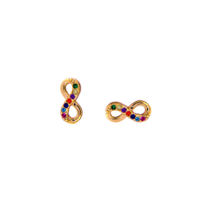 Infinity pressure earrings in silver and gold plated silver, decorated with small colored zircons