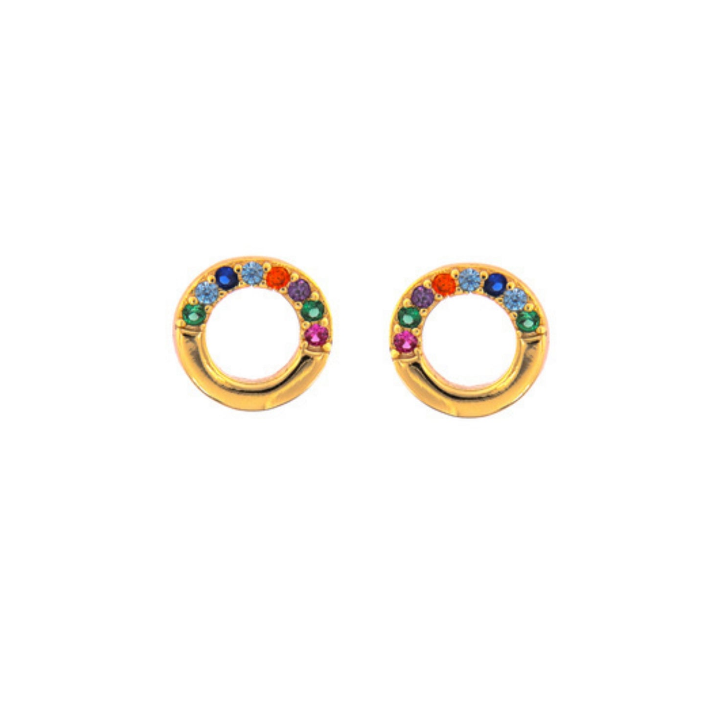 Circle Pressure Earrings in silver and gold plated silver, decorated with small colored zircons