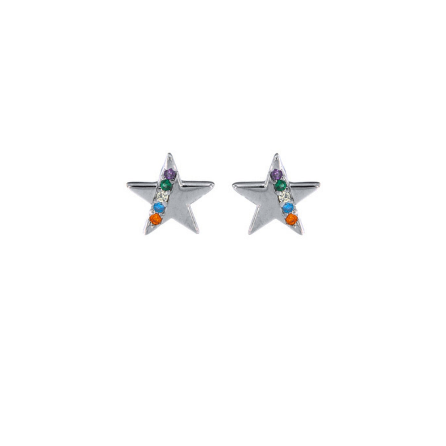 Star pressure earrings in silver and gold-plated silver, decorated with small colored zircons