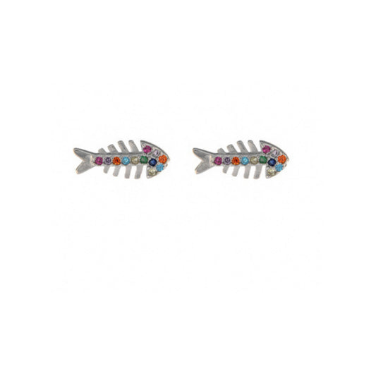 Fish Stud Earrings in silver and gold plated silver, adorned with small white zircons