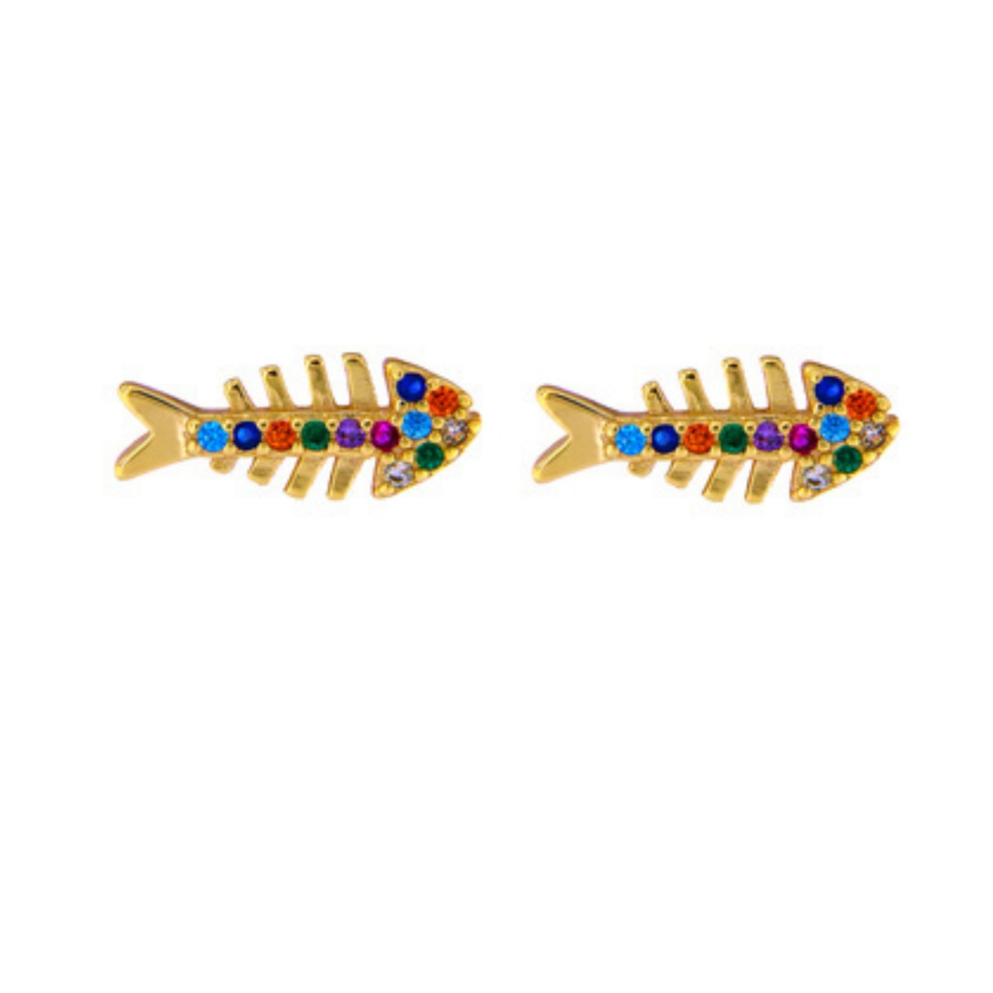 Fish Stud Earrings in silver and gold plated silver, adorned with small white zircons