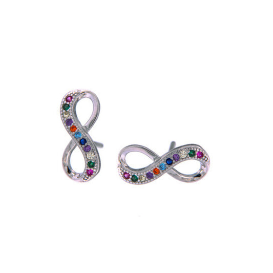 Infinity pressure earrings in silver and gold plated silver, decorated with small colored zircons