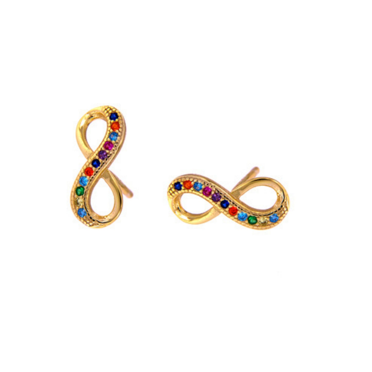 Infinity pressure earrings in silver and gold plated silver, decorated with small colored zircons