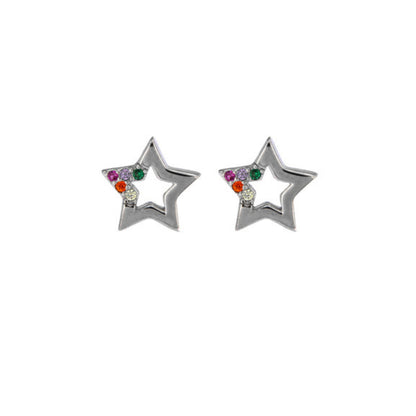 Star pressure earrings in silver and gold-plated silver, decorated with small colored zircons