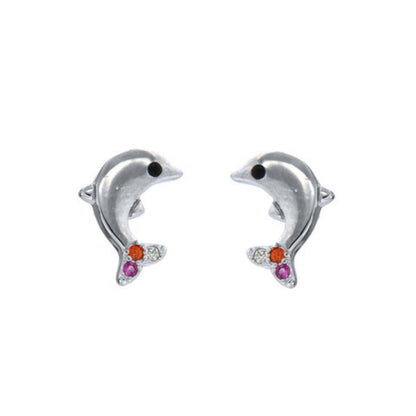 Dolphin pressure earrings in silver and gold-plated silver, decorated with small white, pink and red zircons