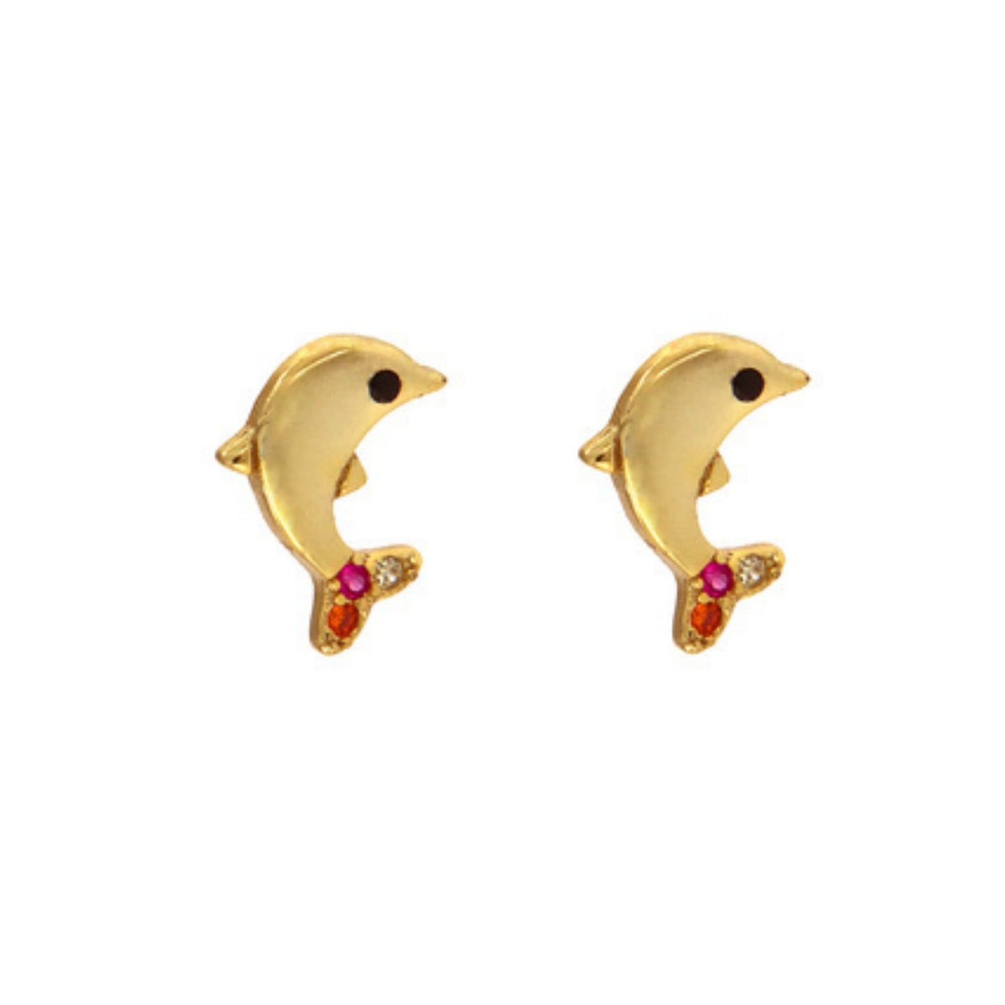 Dolphin pressure earrings in silver and gold-plated silver, decorated with small white, pink and red zircons