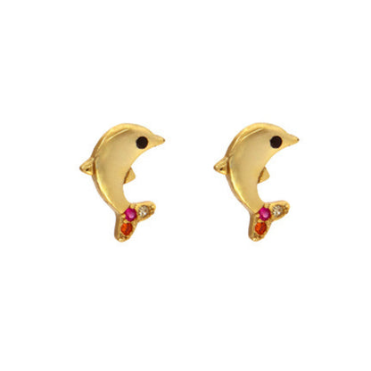 Dolphin pressure earrings in silver and gold-plated silver, decorated with small white, pink and red zircons